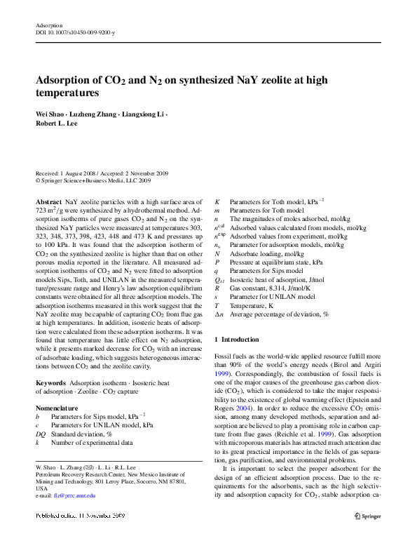 (PDF) Adsorption of CO 2 and N 2 on synthesized NaY zeolite at high ...