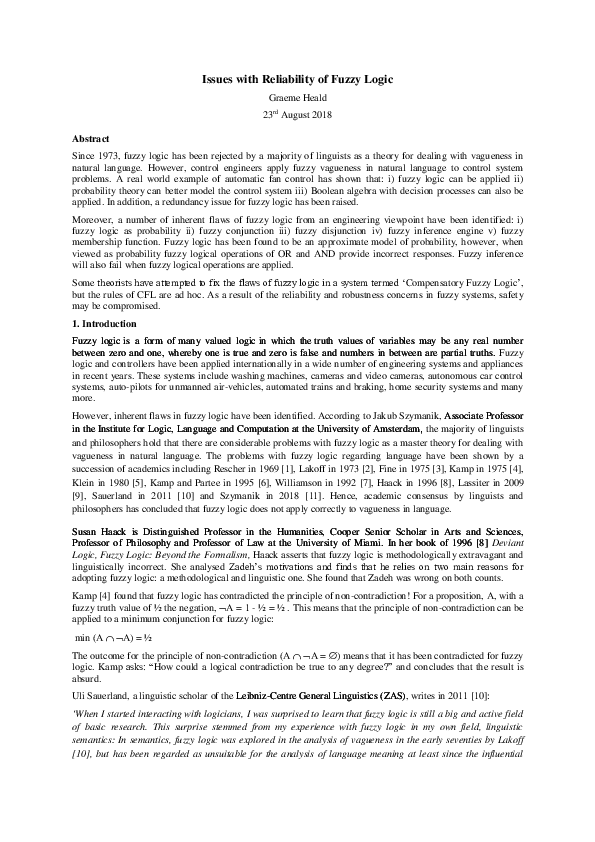 (PDF) Issues with Reliability of Fuzzy Logic