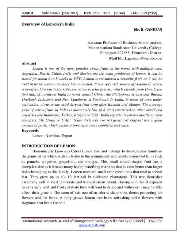(PDF) Overview of Lemon in India International Research Journal