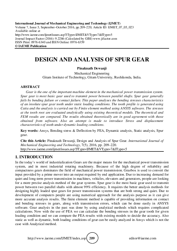 (PDF) DESIGN AND ANALYSIS OF SPUR GEAR Abhilash L Khedkar Academia.edu