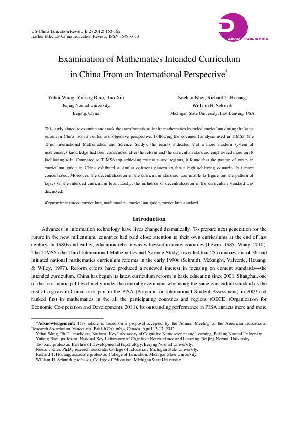 (PDF) Examination of Mathematics Intended Curriculum in China from an