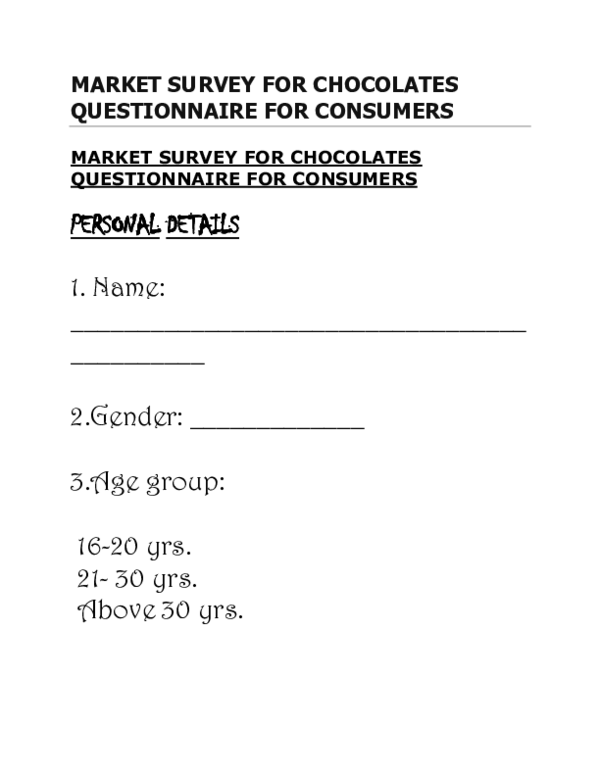 (DOC) MARKET SURVEY FOR CHOCOLATES QUESTIONNAIRE FOR CONSUMERS MARKET