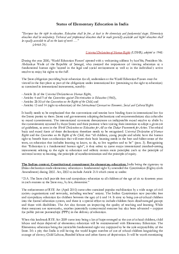(DOC) Status of Elementary Education in India final edit