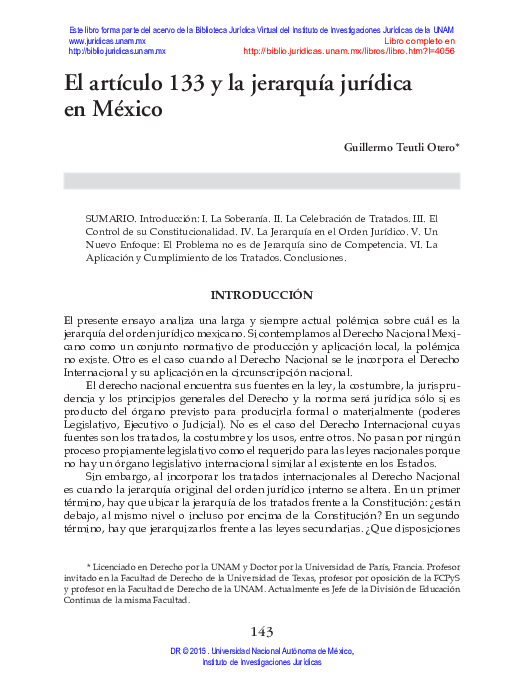 (PDF) El articulo 133 y la jerarquia juridica en Mexico