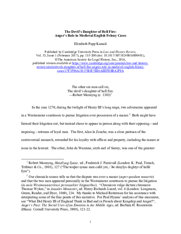 The Devil's Daughter of Hell Fire: Anger's Role in Medieval English Felony Cases