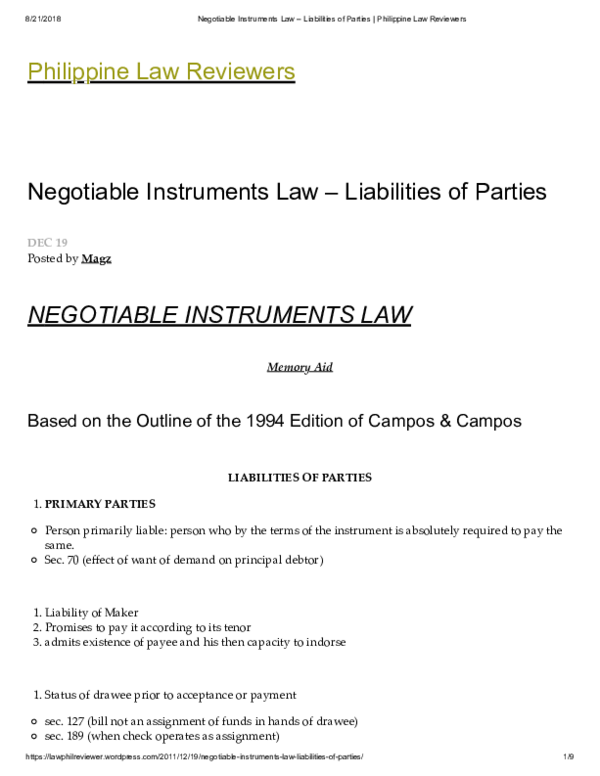 Pdf Negotiable Instruments Law Romar Piga Academia Edu