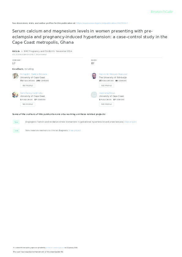 (PDF) Serum calcium and magnesium levels in women presenting with pre