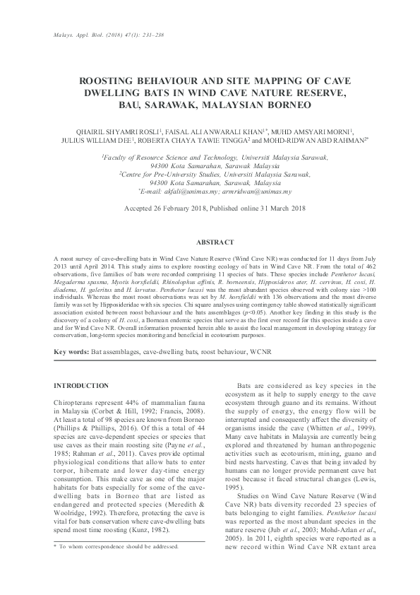 (PDF) ROOSTING BEHAVIOUR AND SITE MAPPING OF CAVE DWELLING BATS IN WIND ...