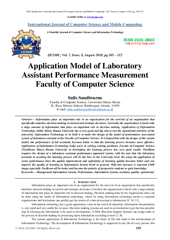 (PDF) Application Model of Laboratory Assistant Performance Measurement Faculty of Computer