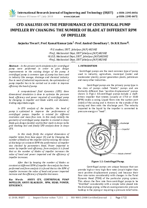 (PDF) IRJET- CFD ANALYSIS ON THE PERFORMANCE OF CENTRIFUGAL PUMP ...