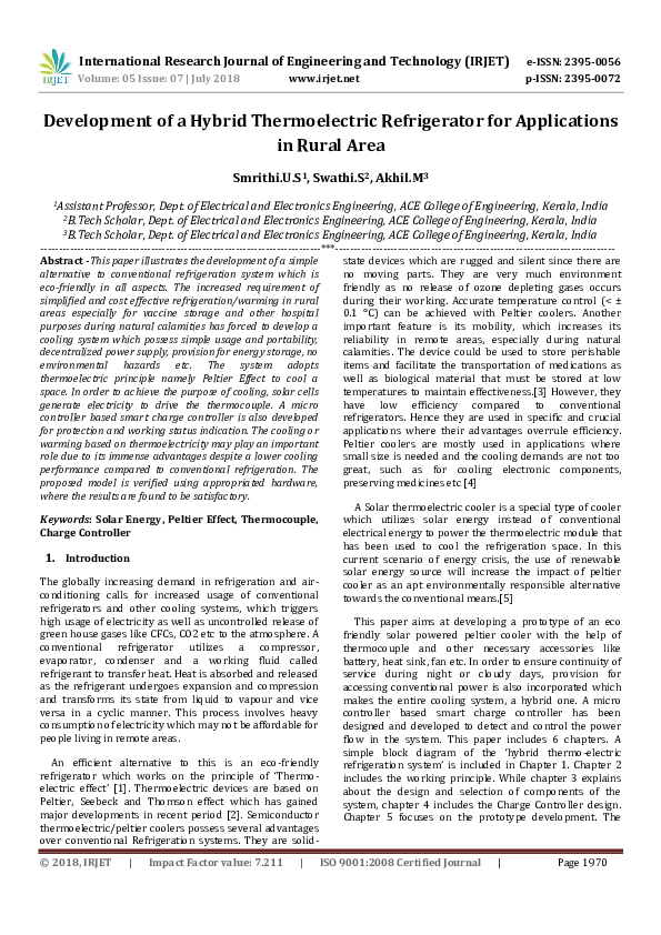 (PDF) IRJET Development of a Hybrid Thermoelectric Refrigerator for
