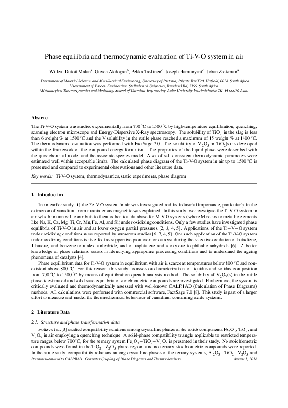 (PDF) Phase equilibria and thermodynamic evaluation of Ti-V-O system in ...