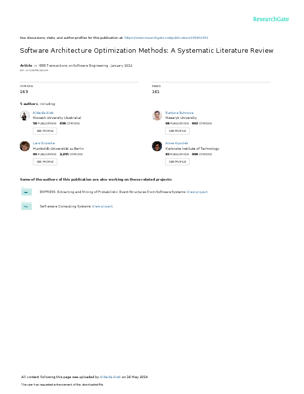 (PDF) Software Architecture Optimization Methods: A Systematic ...