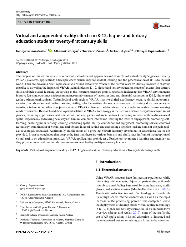 (PDF) Virtual and augmented reality effects on K‑12, higher and ...