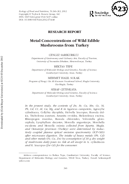 (PDF) Metal Concentrations of Wild Edible Mushrooms from Turkey