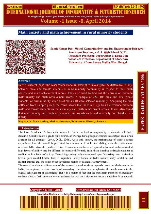 (PDF) Math anxiety and math achievement in rural minority students