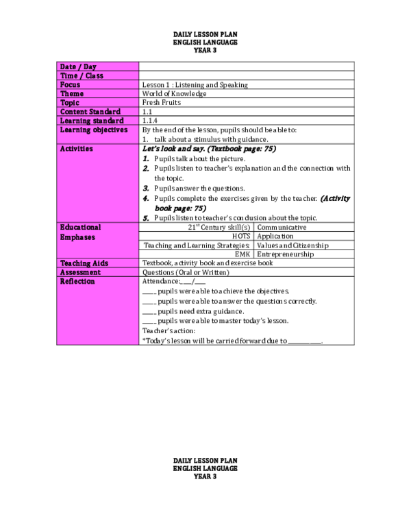 (DOC) DAILY LESSON PLAN ENGLISH LANGUAGE YEAR 3