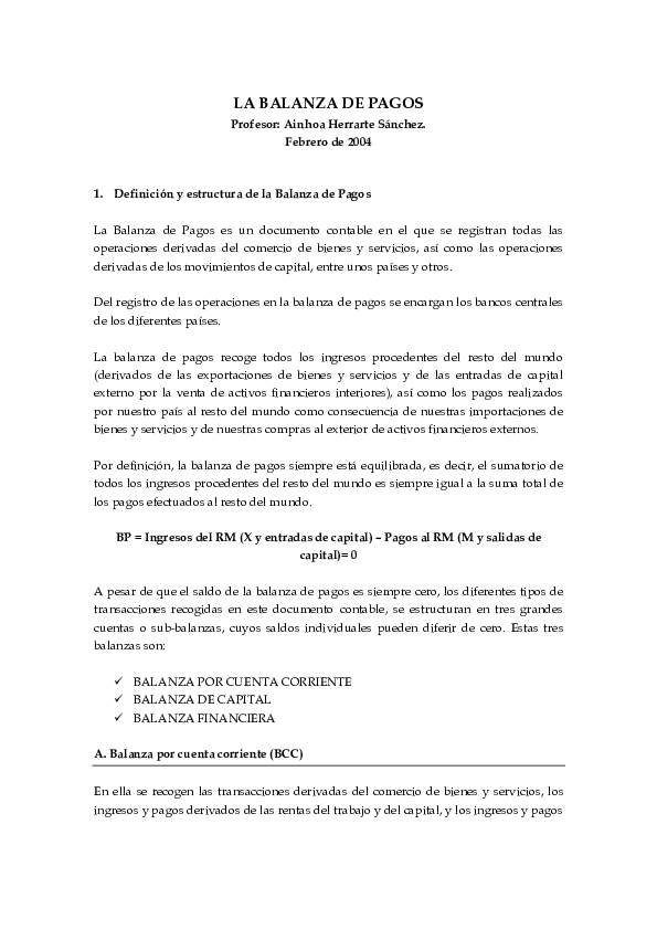 (PDF) LA BALANZA DE PAGOS Profesor Ainhoa Herrarte Sánchez. Febrero de 2004 1. Definición y