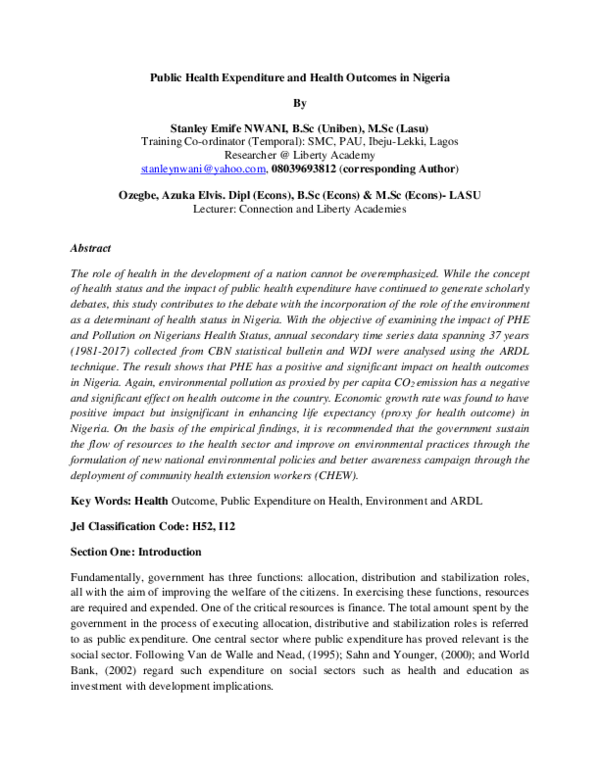 (PDF) Public Health Expenditure and Health Outcomes in Nigeria