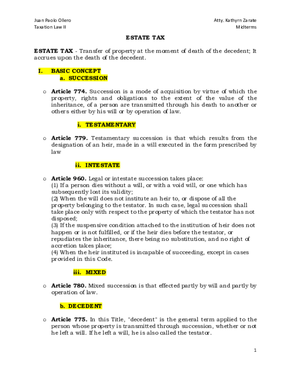 (PDF) ESTATE TAX ESTATE TAX -Transfer of property at the moment of ...