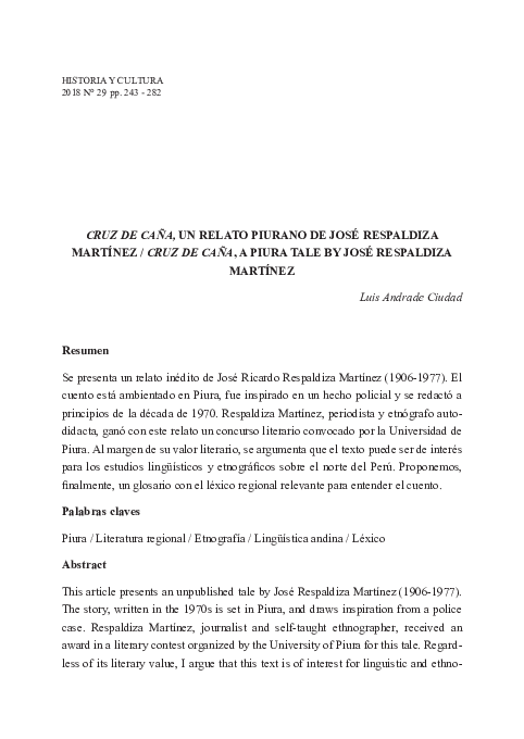 (PDF) CRUZ DE CAÑA, UN RELATO PIURANO DE JOSÉ RESPALDIZA MARTÍNEZ