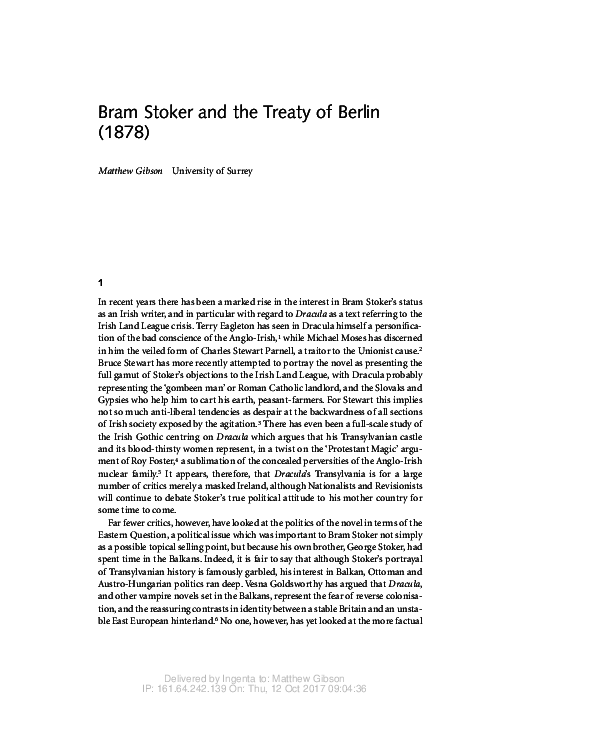 (PDF) Bram Stoker and the Treaty of Berlin (1878) Matthew Gibson