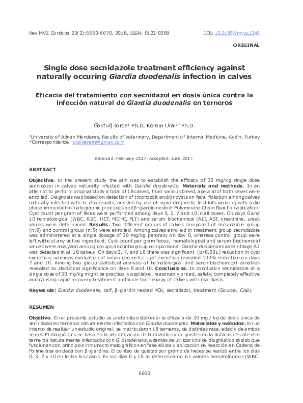 (PDF) Single dose secnidazole treatment efficiency against naturally occuring Giardia duodenalis