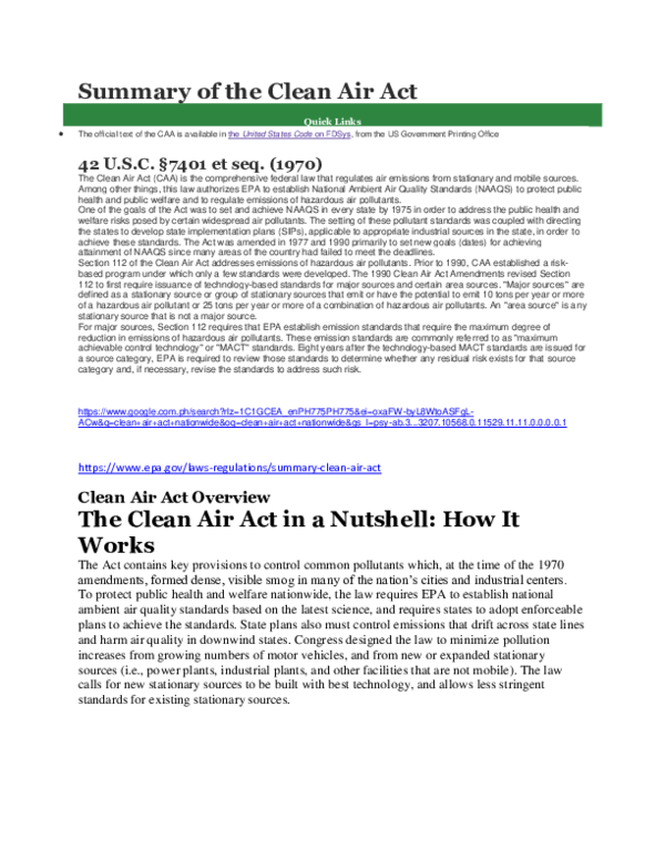 (DOC) Summary of the Clean Air Act Clean Air Act Overview The Clean Air