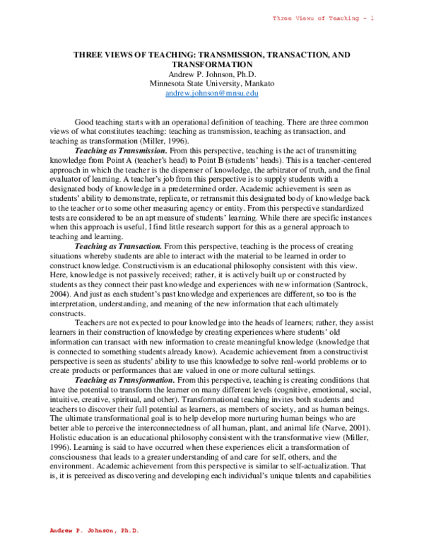 (PDF) THREE VIEWS OF TEACHING TRANSMISSION, TRANSACTION, AND