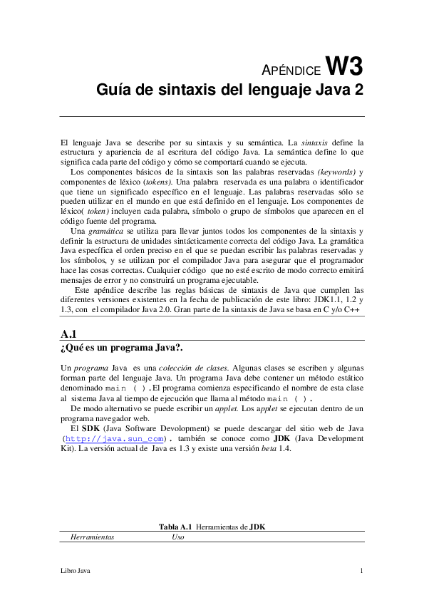 (PDF) APÉNDICE W3 Guía de sintaxis del lenguaje Java 2