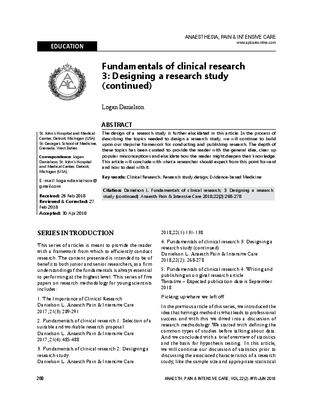 (PDF) EDUCATION: Fundamentals of clinical research 3: Designing a ...