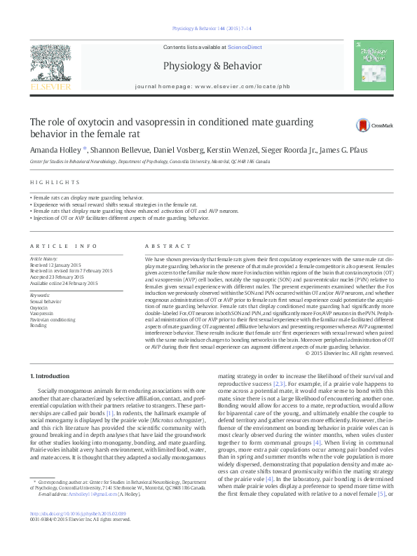 (PDF) The role of oxytocin and vasopressin in conditioned mate guarding ...