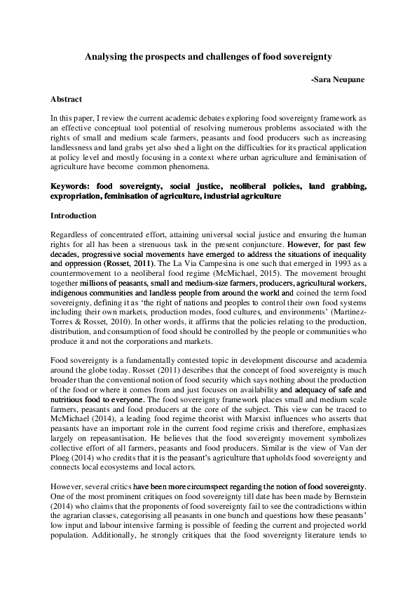 (DOC) Analysing the prospects and challenges of food sovereignty