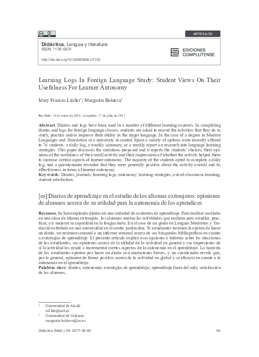 (PDF) Learning Logs In Foreign Language Study: Student Views On Their ...