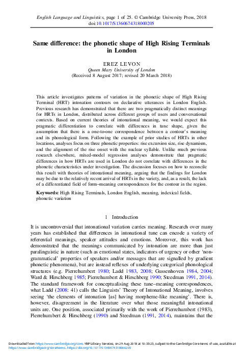 (PDF) Same difference: the phonetic shape of High Rising Terminals in ...