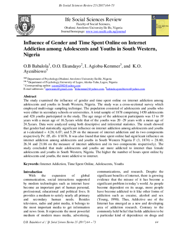 (PDF) Influence of Gender and Time Spent Online on Internet Addiction ...