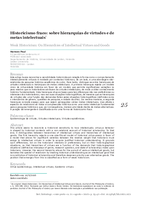 (PDF) [ARTIGO] Historicismo fraco: sobre hierarquias de virtudes e de ...