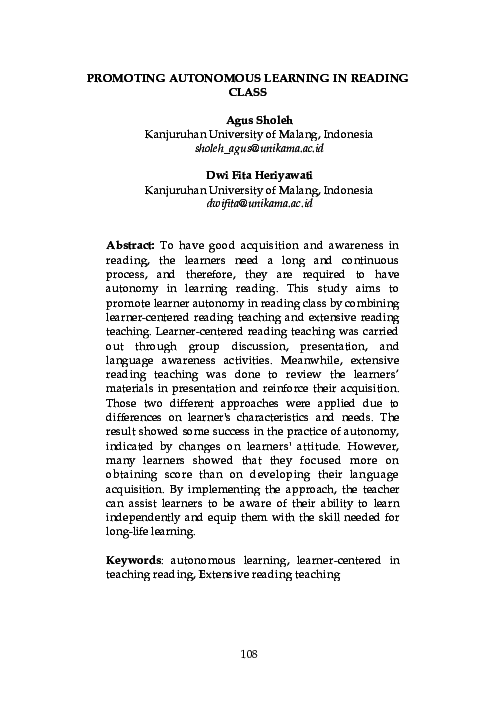 (PDF) PROMOTING AUTONOMOUS LEARNING IN READING CLASS