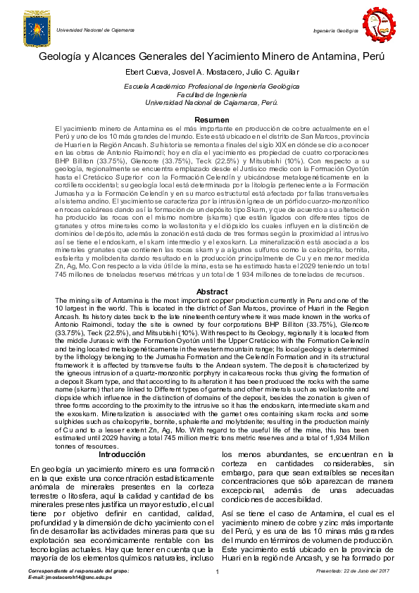 (PDF) Geología y Alcances Generales del Yacimiento Minero de Antamina, Perú