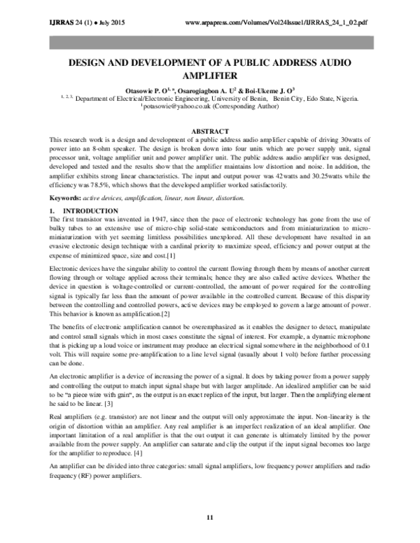 (PDF) DESIGN AND DEVELOPMENT OF A PUBLIC ADDRESS AUDIO AMPLIFIER