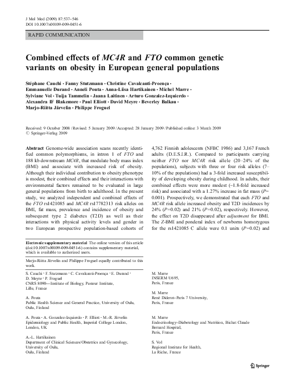 (PDF) Combined effects of MC4R and FTO common genetic variants on ...