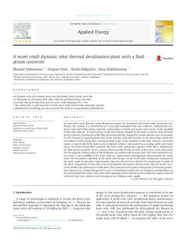 (PDF) A novel small dynamic solar thermal desalination plant with a ...