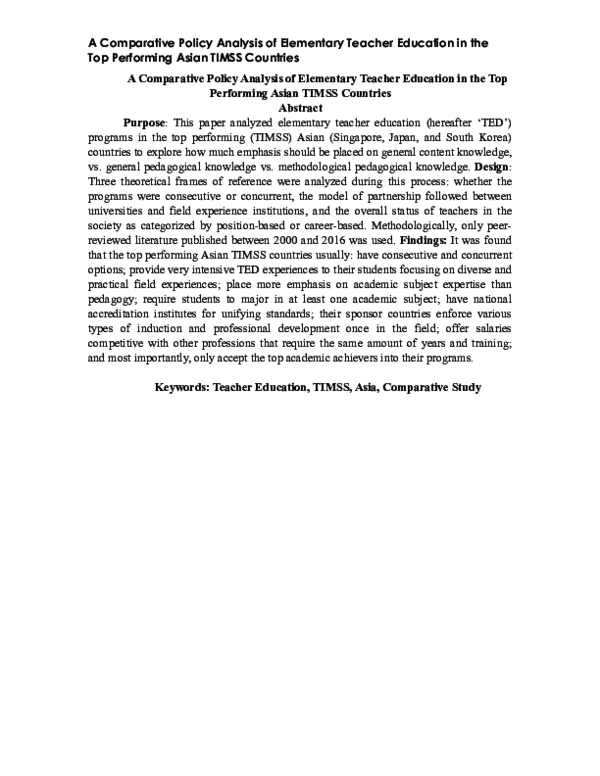 (PDF) A Comparative Policy Analysis of Elementary Teacher Education in ...