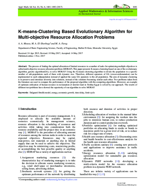 (PDF) K-means-Clustering Based Evolutionary Algorithm for Multi ...