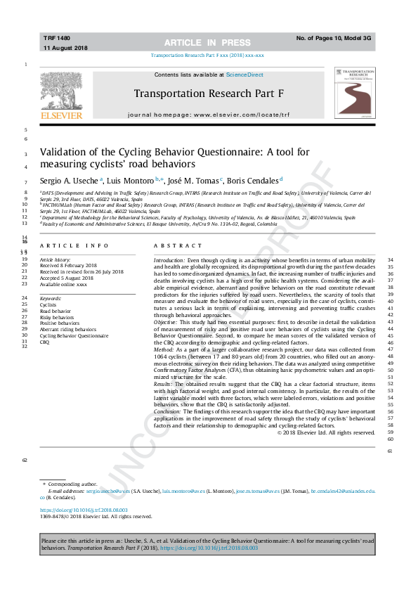 (PDF) Validation of the Cycling Behavior Questionnaire A tool for