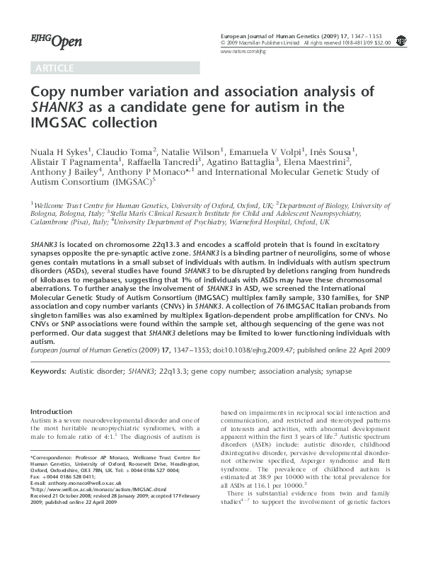 (PDF) Copy number variation and association analysis of SHANK3 as a ...