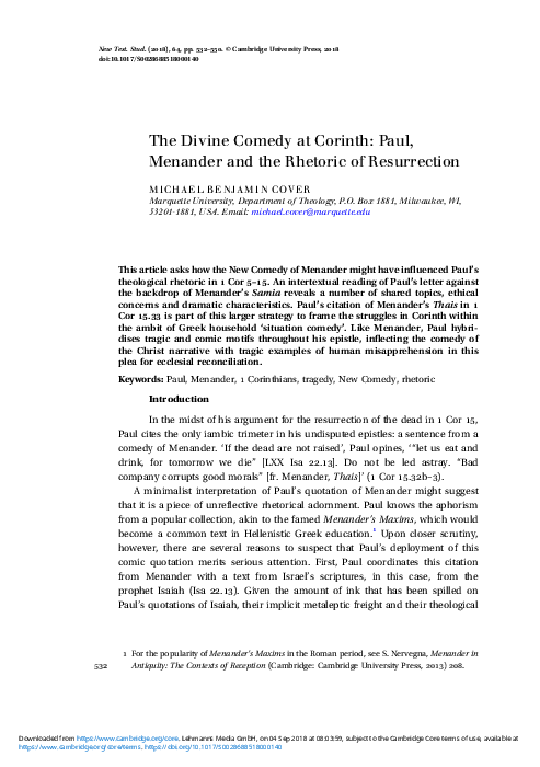 (PDF) The Divine Comedy at Corinth: Paul, Menander, and the Rhetoric of ...
