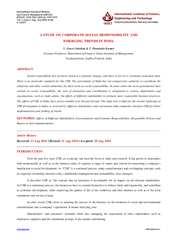 (PDF) A STUDY ON CORPORATE SOCIAL RESPONSIBILITY AND EMERGING TRENDS IN ...
