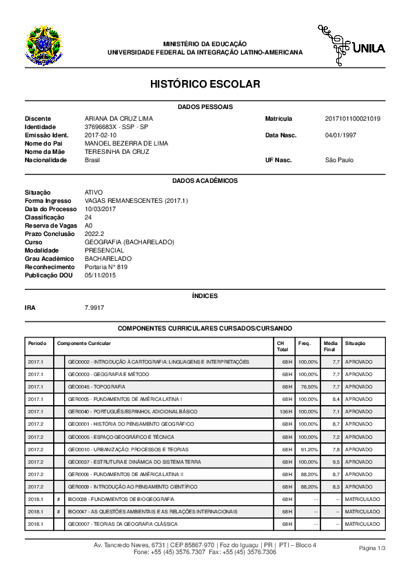 (PDF) HISTÓRICO ESCOLAR COMPONENTES CURRICULARES CURSADOS/CURSANDO