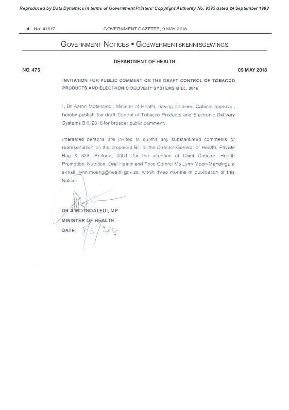 (PDF) CONTROL OF TOBACCO PRODUCTS AND ELECTRONIC DELIVERY SYSTEMS BILL